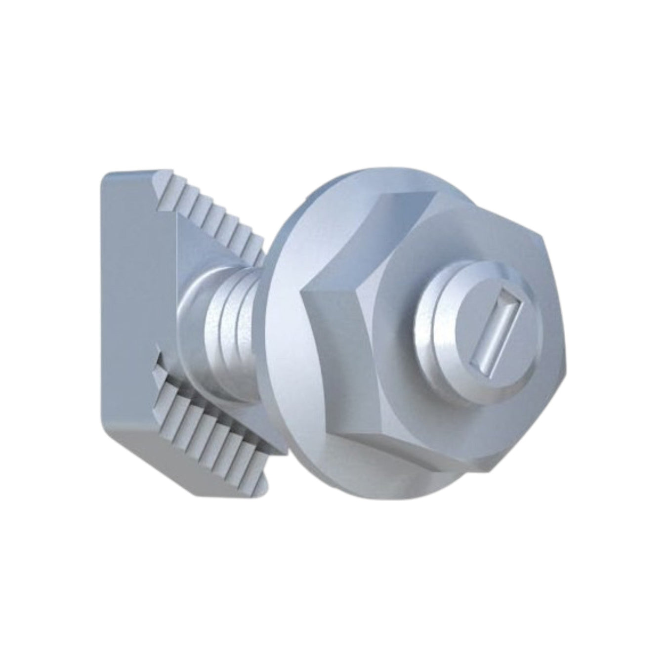 A 3D rendering of a silver, multi-faceted mechanical component with a central hexagonal bolt and a square base featuring ridged edges. The design appears industrial and metallic against a white background.