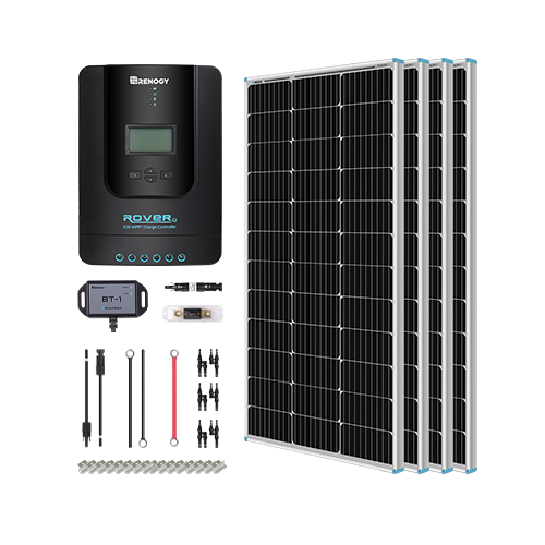 Solar power system kit with a charge controller, four solar panels, and various connectors, cables, and components, arranged neatly on a white background.