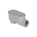 The Bridgeport 1026 3/4 Service Entrance Lb is a gray electrical conduit body with an oval-shaped removable cover secured by two screws. It has threaded side openings, perfect for connecting rigid/IMC conduits in a system.