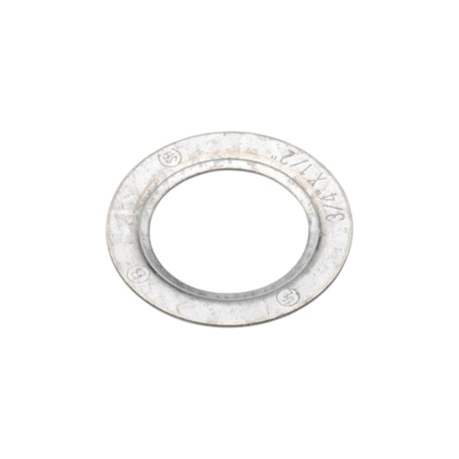 The Bridgeport 1065 1-1/4 to 3/4 Reducing Washer is made of galvanized steel, featuring engraved numbers and markings along its circular edge, a central knockout hole, and a slightly worn appearance.