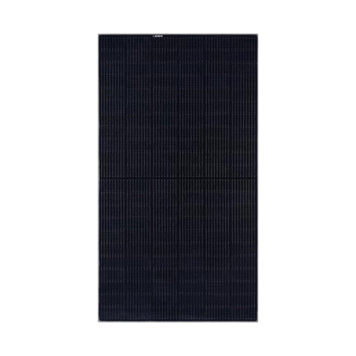 A REC 400NP3 BOB solar panel from REC, featuring a black finish with a slightly reflective surface and grid-like pattern, highlighting its innovative Twin Design Technology, displayed against a plain white background.