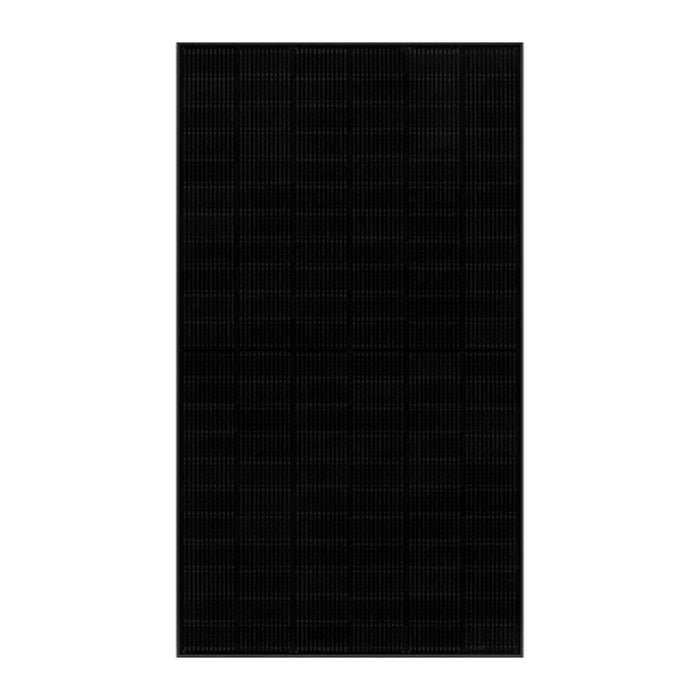 The Qcells Q.Peak Duo 400W 132 HC BLK/BLK Solar Panel by QCells is a rectangular panel with a sleek black design featuring a grid pattern. It includes small cells neatly arranged within a high-tech aluminum alloy frame. The panel's smooth surface and consistent texture, enhanced by Q.ANTUM DUO Z Technology, maximize energy absorption.