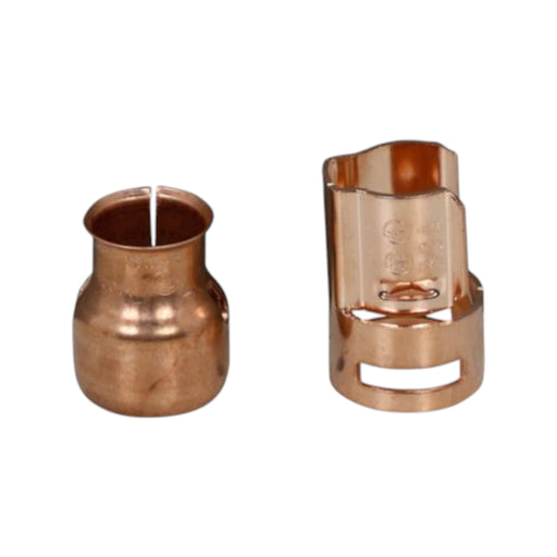 From the Eaton Bussmann Series, there are two copper-colored electrical wire connectors. The left one is a tubular terminal with a flared end, while the right is an Eaton 263R Bussmann Series Class R Fuse Reducer, featuring cutouts for clipping or clamping in 60 A electrical installations.