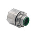 The Bridgeport 153DC 1 Threaded Hub is a metallic electrical conduit connector with a green plastic insert and insulated throat for safety, featuring a threaded end and ridge to secure cables in watertight setups, ensuring robust joins in rigid conduits.