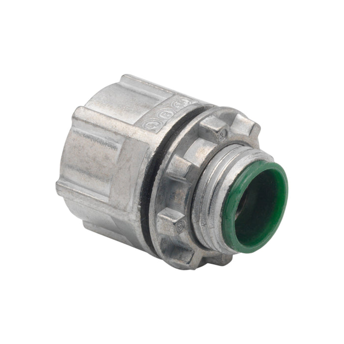 Close-up of the Bridgeport 152-DC 3/4 Watertight Hub, a zinc die-cast electrical connector with a green rubber seal. The rigid, cylindrical conduit has threaded ridges and a hexagonal section for tightening. Its silver surface appears sturdy and industrial.