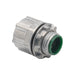 Close-up of the Bridgeport 152-DC 3/4 Watertight Hub, a zinc die-cast electrical connector with a green rubber seal. The rigid, cylindrical conduit has threaded ridges and a hexagonal section for tightening. Its silver surface appears sturdy and industrial.