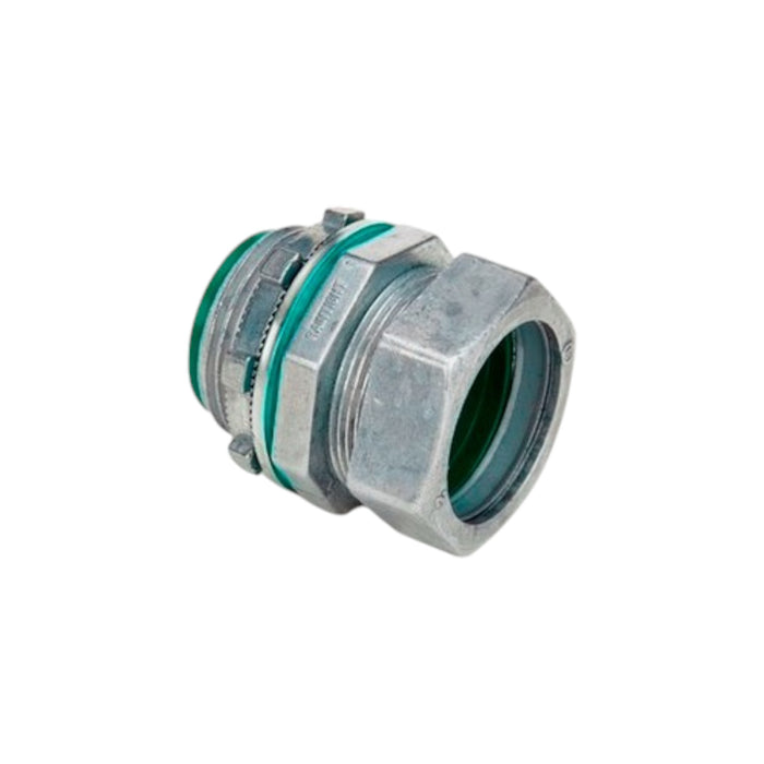 Image of a Solartek Bridgeport EMT 1 Raintight Diecast EMT Compression Connector with a hexagonal nut, green sealing ring, and raintight seal, designed for efficiently securing and connecting EMT conduits or cables.