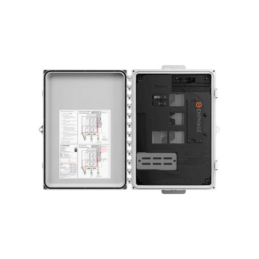 The Enphase IQ Combiner 4 from the IQ8 Series by Enphase Energy features an open electrical panel box with a gray interior that displays detailed wiring diagrams on the left door. The right section includes a black, labeled circuit area for components, enhancing its sophisticated design.