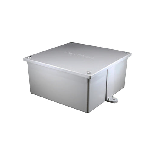 The Solartek Cantex 12x12x6 PVC Junction Box is square, gray, with a flat top lid secured by four screws and offers a durable design. It features a side mounting tab for easy installation.