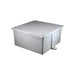 Introducing the Cantex R5133713 J Box 12x12x6, a gray, metallic square junction box featuring a flat top and slightly raised edges. This junction box has a smooth finish and is securely fastened at each corner with screws. Designed specifically for marine applications, it comes with a protruding tab on one side equipped with a rounded hole for easy mounting or attachment.