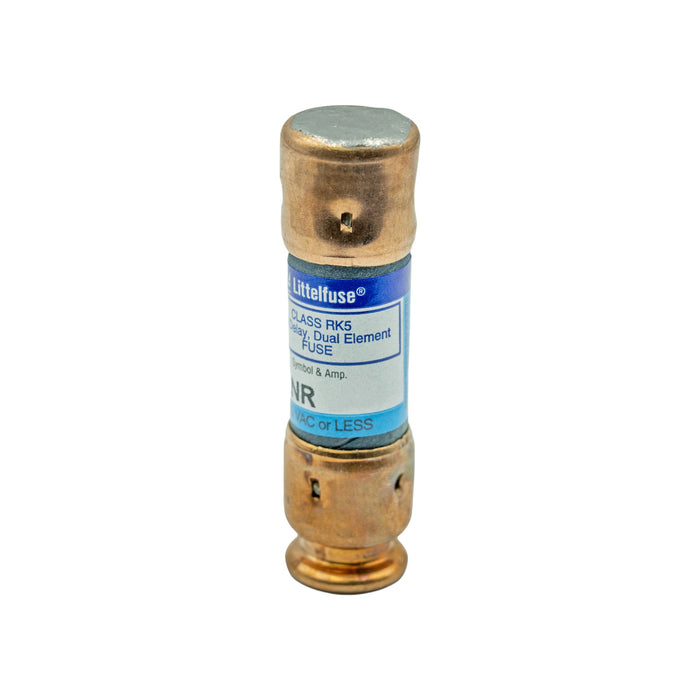 An upright cylindrical fuse featuring a blue label reads "Littelfuse" and "Dual Element Fuse," signifying its Class RK5 designation. Constructed in a cartridge style with rounded metal ends, this 20 ampere fuse is named the Littlefuse FLNR020, providing excellent circuit protection.