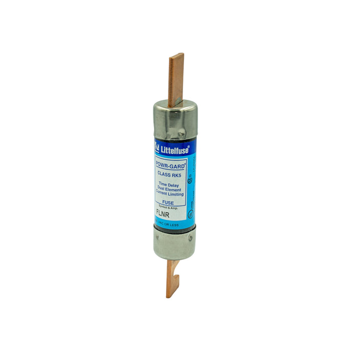 The Solartek Littlefuse 80 AMP Fuse is a cylindrical Class RK5 fuse with copper connectors, a blue label, and knife-blade construction. It offers time-delay current limiting, ideal for diverse electrical applications.