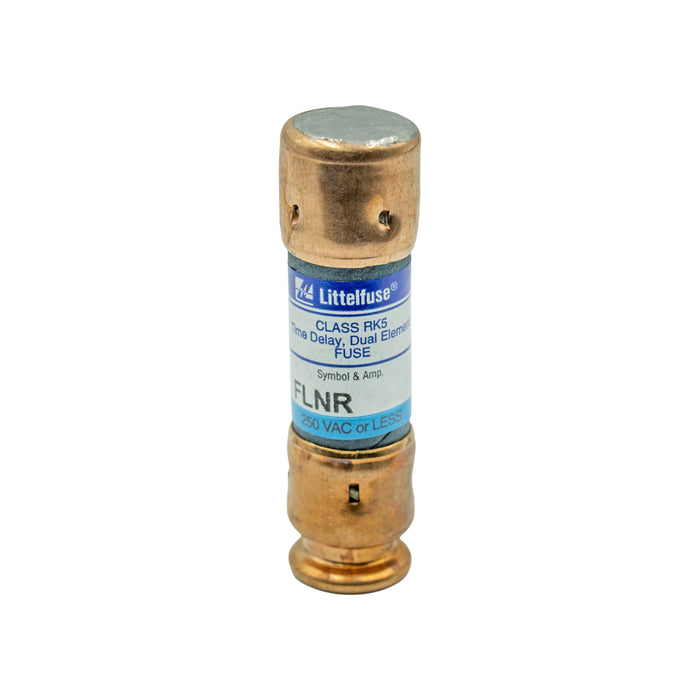 The Littlefuse FLNR020 20 AMP fuse, from Littel Fuse, features cylindrical cartridge-style construction. With a metallic build and a blue and white label, it is a time delay, dual element Class RK5 fuse that can handle up to 20 amperes and is rated for 250 volts AC or less.