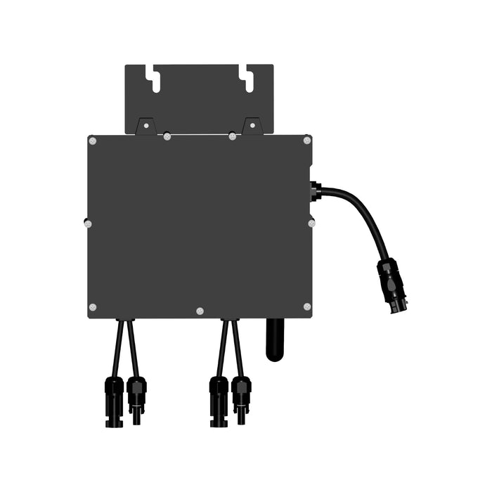 Illustration of the NEP BDM 800 Micro Inverter, featuring a black rectangular body, multiple cables extending from the bottom, and connectors on the ends. It includes mounting brackets on the top and is depicted on a plain white background, highlighting its role in optimizing energy output within a solar system.