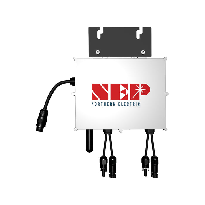 Image of the NEP BDM 800 Micro Inverter with the NEP logo. This compact device, essential for any solar system, features multiple connectors at the bottom and efficiently converts solar panel energy output into usable electricity for buildings.