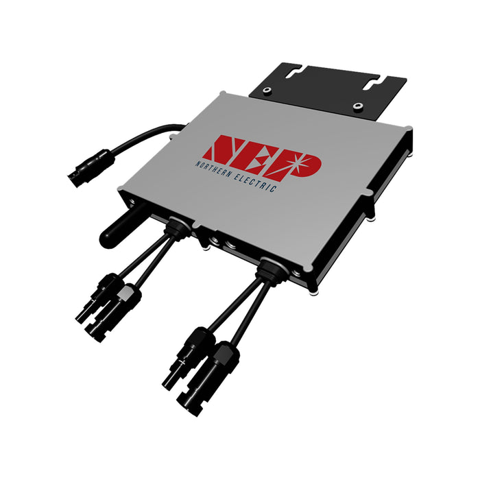 A sleek NEP BDM 800 Micro Inverter with a red logo and multiple black cables extending from it. The device, designed for optimal energy output, features a black mounting bracket atop its silver body.