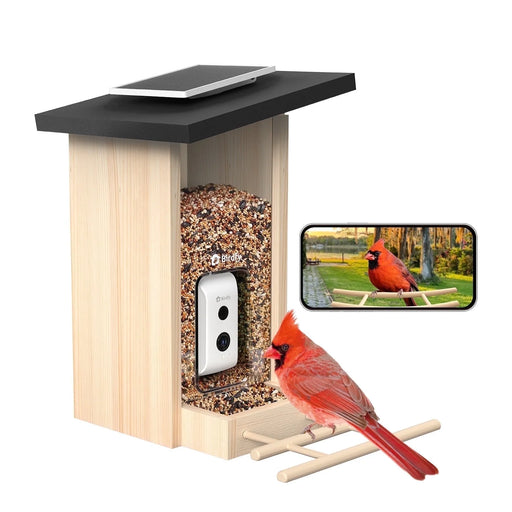 Smart Bird Feeder with Camera, Bird Watching Camera with Solar Panel, AI Identify 6000+ Species, Eco-Friendly Wooden, Ideal Gift, Ebony