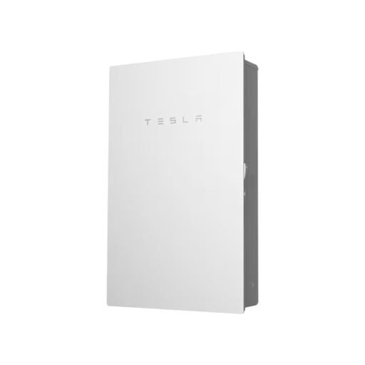 A sleek, white Tesla Powerwall home battery for solar energy storage pairs seamlessly with the Tesla Backup Gateway 3 to enhance energy monitoring. With a minimalist design and front logo, this rectangular wall-mounted unit is displayed against a plain background.