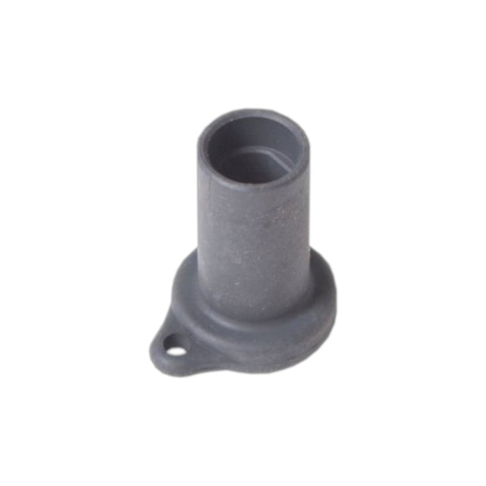 The APSystems 2060401006 Male DC Connector Cap is a cylindrical gray metal part featuring a flanged base and a small hole at the edge, perfect for YC600 installations. It appears isolated on a white background.