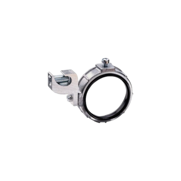 The Solartek Bridgeport 3/4 Conduit Grounding Bushing securely holds pipes or cables with a circular clamp and screw mechanism. It features a textured finish and mounting component for surface attachment, making it ideal for ensuring stability in service conduits.