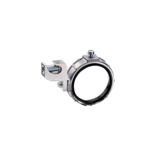 The Bridgeport 382DC 3/4 Insulated Grounding Bushing, shown against a white background, features an aluminum alloy build with a circular loop and adjustable screw. Its designed to secure pipes or cables with its clamp mechanism, mounting bracket, and grounding lug for easy installation.