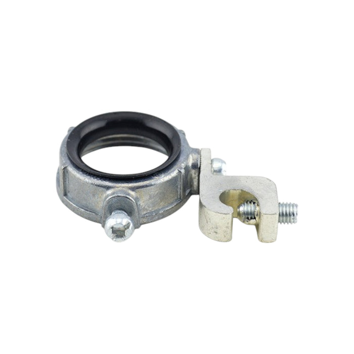 The Bridgeport 383DC 1 EMT Zinc Die Cast Grounding Bushing features a silver metal clamp with a round opening lined with black rubber for wire insulation. It includes three screws, including one side screw for tightening, ensuring secure conduit termination. It is isolated on a white background.