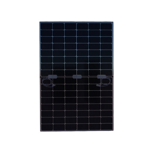 A black bifacial solar panel from Solarever USA, featuring a grid pattern and visible electrical connectors on the front, is set against a white background and highlights advanced N-Type Mono-Crystalline technology in the Solarever 450w Solar Panel.