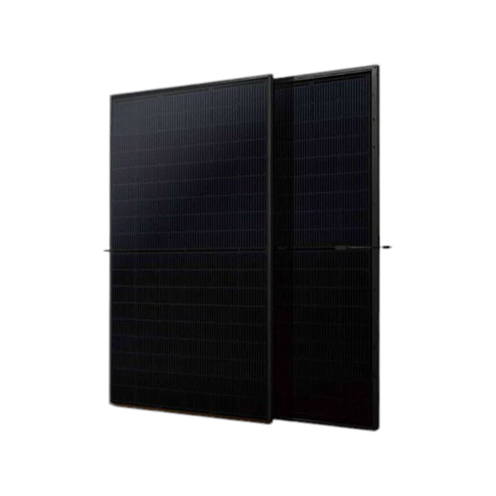 The Talesun 400W 108 Half Cell Mono Solar Panel, featuring monocrystalline cells, boasts a sleek and modern design in a full-black color scheme. These panels have a grid-like pattern and are slightly angled to highlight their reflective surfaces against a plain white background.