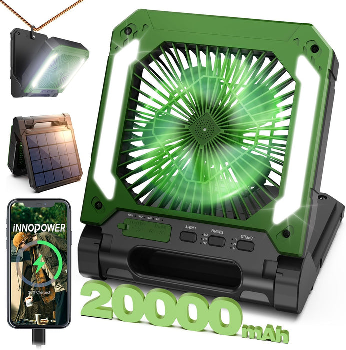 Solar Camping Fan with LED Lantern 20,000mAh – Portable, Rechargeable, Quiet, 3 Speeds, Power Bank & Hook