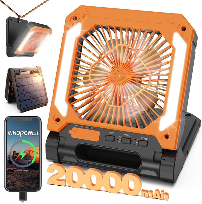 Solar Camping Fan with LED Lantern 20,000mAh – Portable, Rechargeable, Quiet, 3 Speeds, Power Bank & Hook