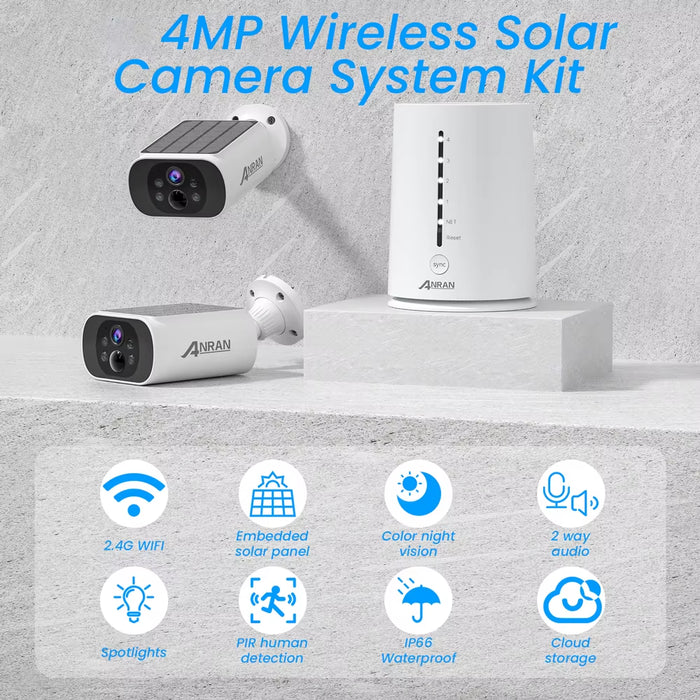 4MP Wifi Solar Camera 2K Outdoor Wireless Battery Security Camera 4CH NVR PIR Humanoid Detection Siren Alarm ARCCTV APP