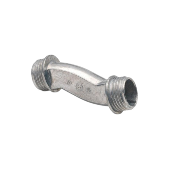 The Bridgeport 1522DC 1 Offset Nipple is a metal conduit fitting with two threaded ends featuring NPSM threads. Designed for electrical conduits, it has a slightly curved middle and appears to be crafted from durable materials.