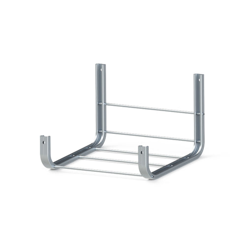 The Solartek Unirac RM10 Ballast Bay is a sturdy silver metal wall mount bracket with a 10-degree tilt, designed for ladders or shelves. It features mounting holes for easy installation and includes two vertical and two horizontal support bars for stability.