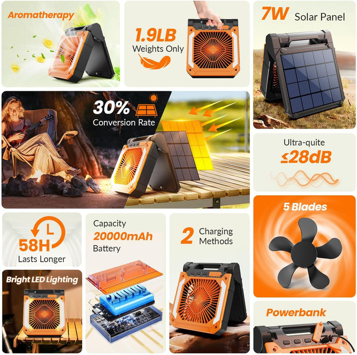 Solar Camping Fan with LED Lantern 20,000mAh – Portable, Rechargeable, Quiet, 3 Speeds, Power Bank & Hook