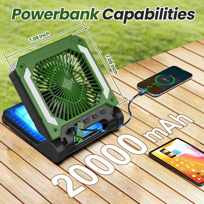 Solar Camping Fan with LED Lantern 20,000mAh – Portable, Rechargeable, Quiet, 3 Speeds, Power Bank & Hook