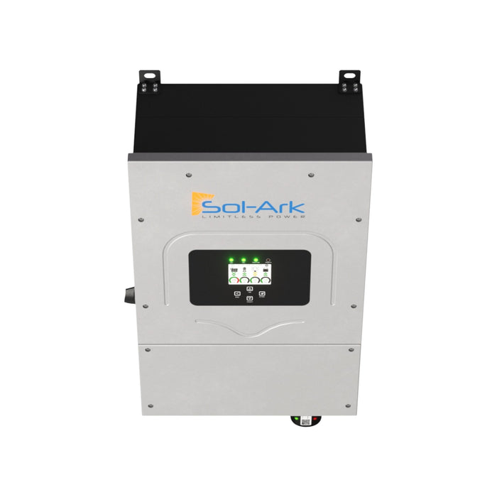 The Sol-Ark 8kW All-In-One 48V Hybrid Inverter, perfect for off-grid and on-grid use, features a sleek black and gray rectangular design. The LCD screen displays green indicators, and the unique orange and blue Sol-Ark logo is prominently placed at the top, enabling efficient closed-loop communication.