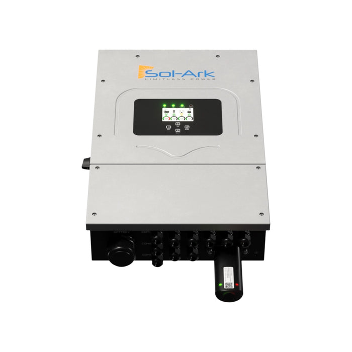 The Sol-Ark 8kW All-In-One 48V Hybrid Inverter, suitable for both off-grid and on-grid applications, is designed in silver with a digital display featuring green lights and multiple ports at the bottom. The Sol-Ark brand logo is prominently visible at the top.