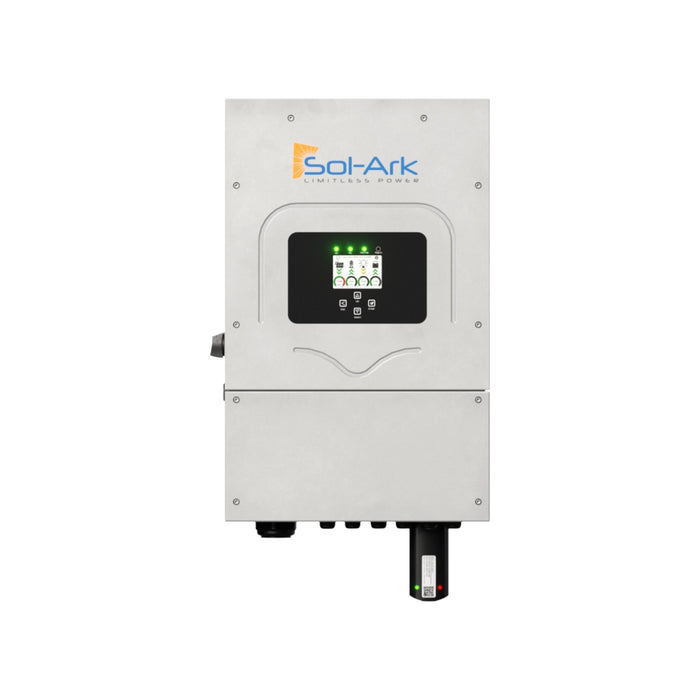 A sleek white Sol-Ark 8kW All-In-One 48V Hybrid Inverter is mounted on the wall, made for both off-grid and on-grid applications. It includes a display screen, control buttons, and multiple connection ports at the bottom. The distinctive Sol-Ark logo with "Limitless Power" adorns its front, ensuring closed-loop communication efficiency.