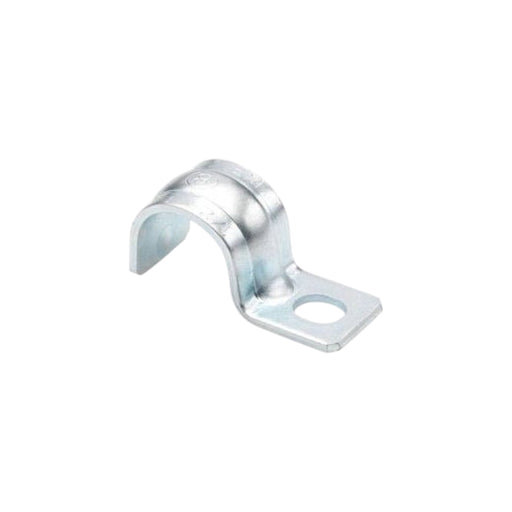 The Bridgeport 921S 3/4 One Hole EMT Strap is zinc plated steel with a curved design and smooth, shiny finish, perfect for securing electrical metallic tubing or cables to surfaces.