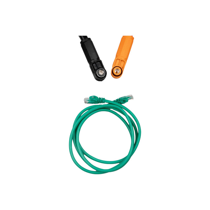 A green coiled Ethernet cable is positioned below two EG4 PowerPro Battery Paralleling Cables by BigBattery, in black and orange, against a white background, suggesting enhanced amp-hour capacity through a parallel battery connection.