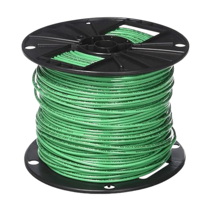 The Southwire 12 AWG GRN 500ft by Solartek is coiled on a black reel, perfect for building wire needs. It’s neatly wound with a central hub for easy handling and transport in commercial and industrial applications.