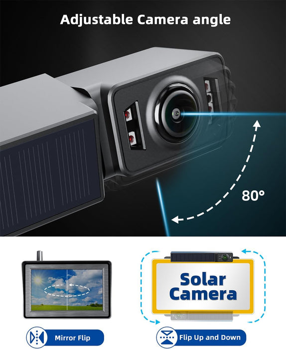 Solar Wireless Backup Camera with IR Night Vision, 3 Mins No Wires Install, Equip with 5'' HD 1080P Monitor, IP69K Waterproof Rear View Reverse Camera for Cars Trucks Trailers RV