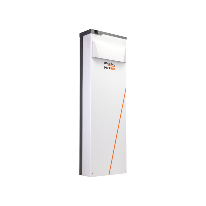 A tall, sleek, white Generac Pwrcell 3R Battery Cabinet (Model: APKE00028) prominently displays the Generac logo and PWRcell branding. It boasts a minimalist design with an orange diagonal line and houses advanced lithium-ion battery modules to efficiently enhance energy storage capacity.