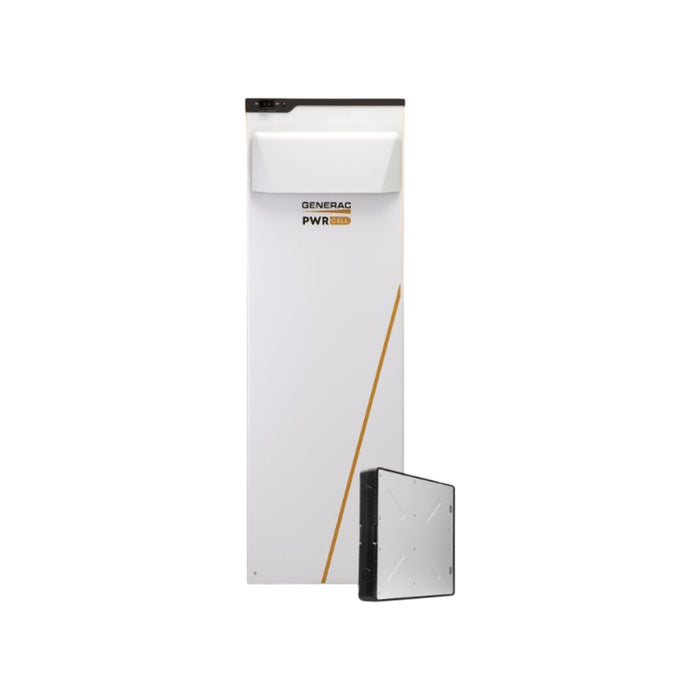 The image displays a Generac Pwrcell 3R Battery Cabinet APKE00028, a tall, white unit with remarkable energy storage capacity. In front of it sits a smaller, rectangular black device, partially obscuring its base. The elegant cabinet contains advanced lithium-ion battery modules for efficient home energy solutions.