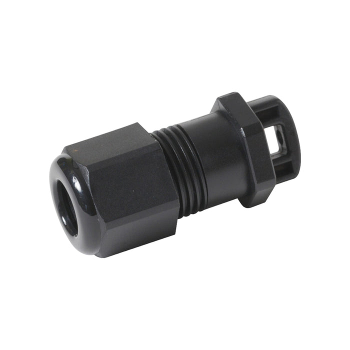 The Solartek APSystems A/C Bus Cable End Cap is a black plastic cable gland with a hexagonal nut and threaded body, ideal for securing AC Bus Trunk Cables in electrical enclosures. Its rounded end and flexible seal ensure microinverter compatibility, offering a dust- and moisture-tight fit.