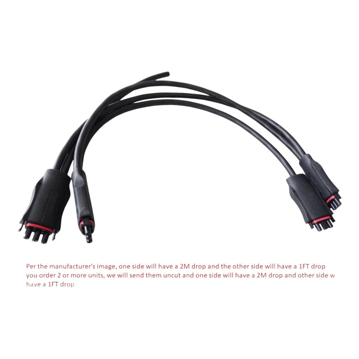 The APSystems Y3 Bus Cable - 2M by Solartek, featuring connectors on both ends, lies against a white background. Text below outlines the cable length and ordering terms, ideal for APsystems microinverters.