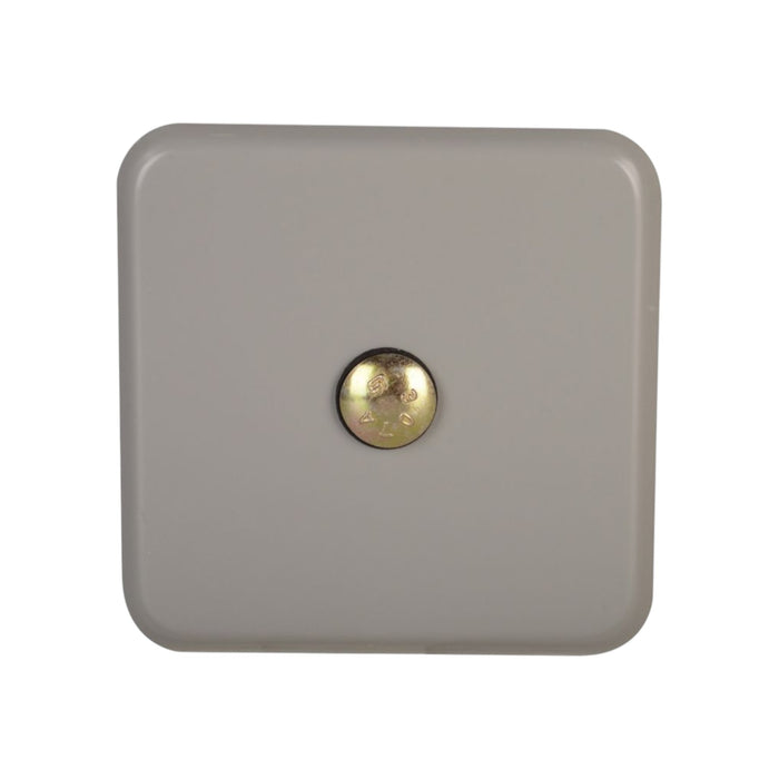 Featuring a square, beige plastic cover and a central circular metallic screw marked with the numbers 2 and 8, this smooth-surfaced item appears to be an Eaton ARP00002CHBCS 125A Meter Hub Enclosure or potentially an electrical fitting suitable for NEMA 3R enclosures.