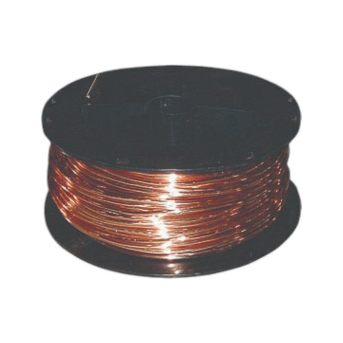 The Southwire #8 Bare Copper wire, featuring a shiny metallic surface, is coiled and neatly wound around a black plastic reel. This essential component for electrical construction showcases its thin, lengthy structure against the plain white background.