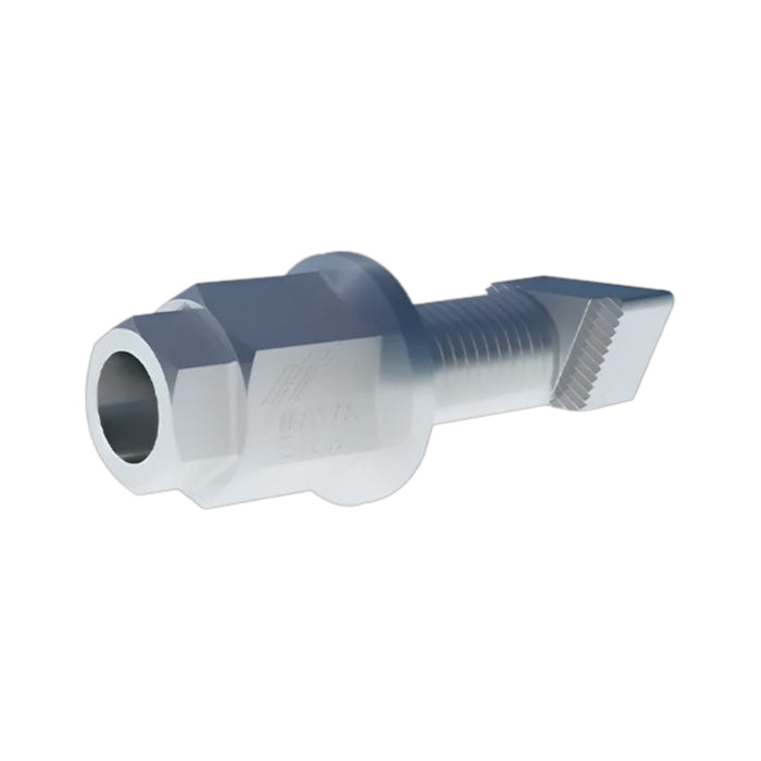 The IronRidge BHW-TB-02-A1 T-Bolt Bonding Hardware, featuring a white cylindrical threaded design with a hexagonal middle section and a textured, tapered end, is likely used in solar mounting systems. It is displayed against a plain white background.