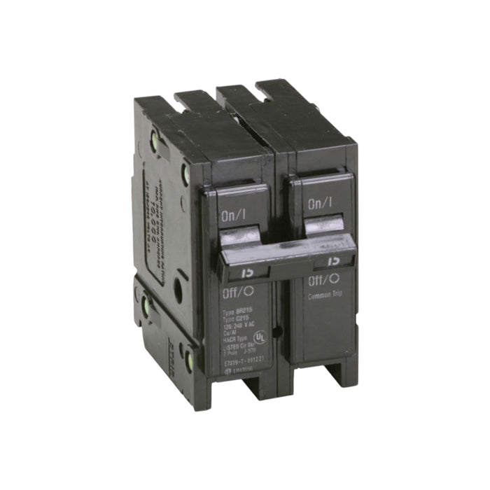 The Eaton Breaker BR215 is a double-pole molded case circuit breaker featuring a black housing and silver toggle switches labeled On and Off. This Type BR circuit breaker, typically used in Cutler-Hammer residential or commercial breaker panels, is engineered for reliable electrical circuit protection.